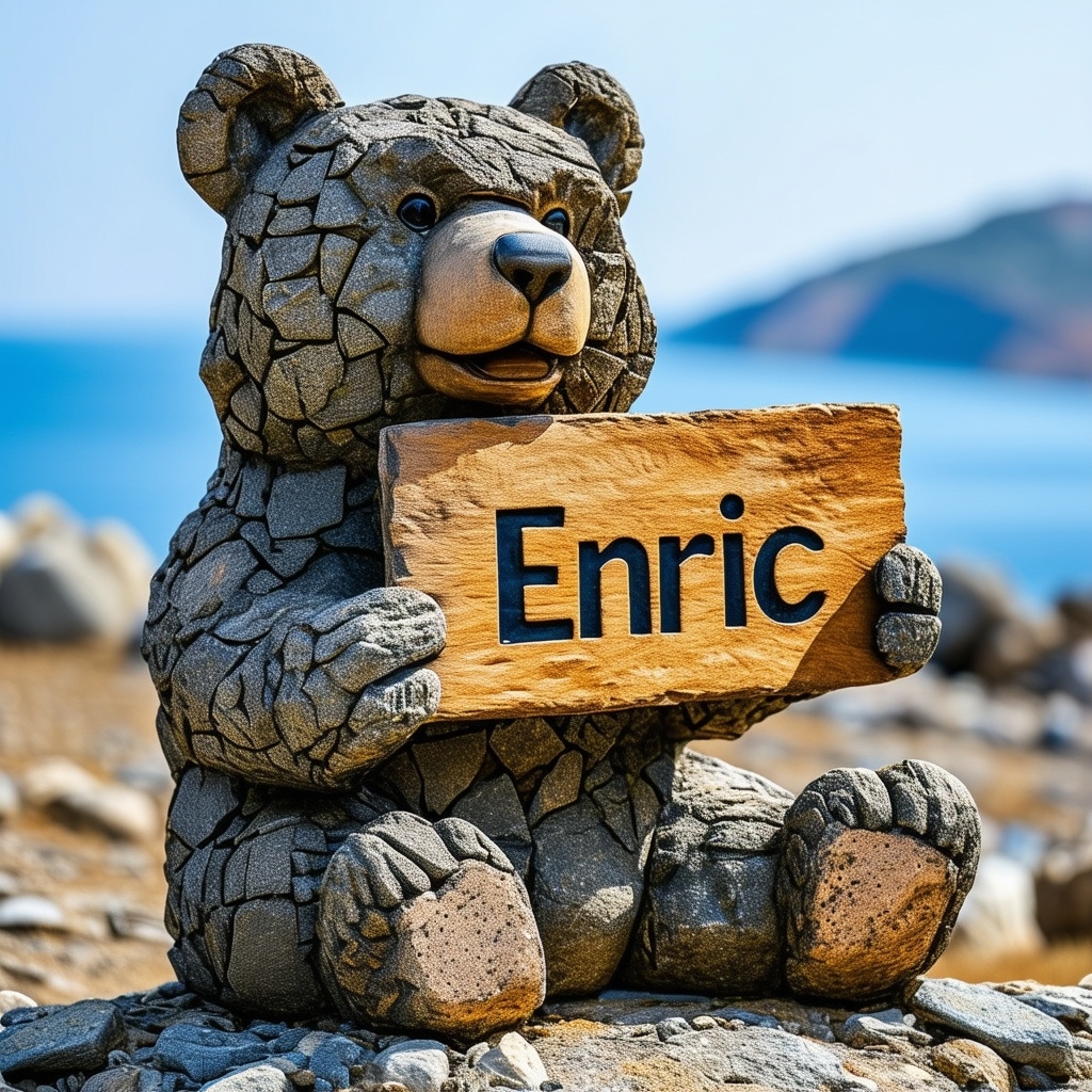 Bear in stone holding a wood plate with Enric written in it