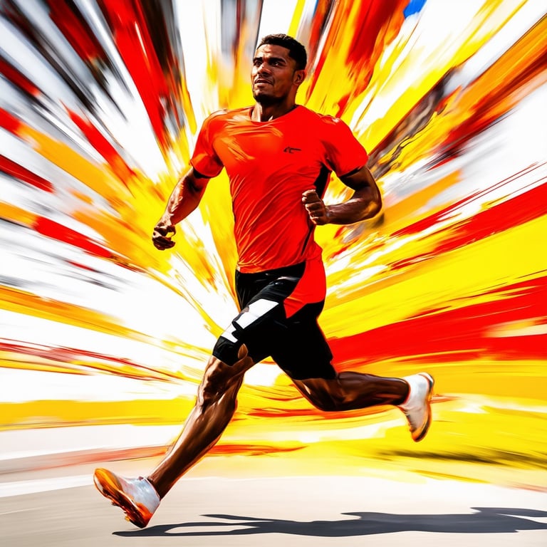 Runner with dynamic brush strokes in red and yellow